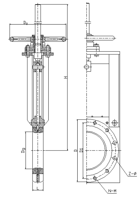 手動礦漿刀閘閥結(jié)構(gòu)示意圖