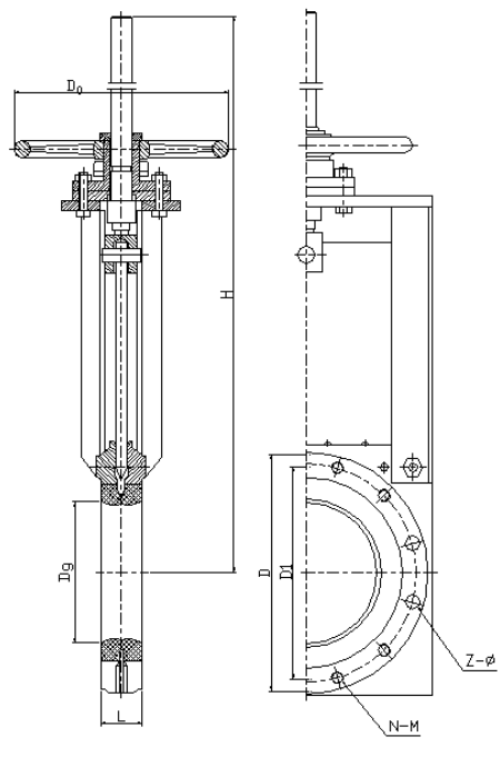 手動(dòng)對(duì)夾式無(wú)隙閘閥結(jié)構(gòu)示意圖